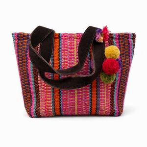 Peruvian Connection Wool Woven Stripe Tote Pom Pom Bag Boho Artisan